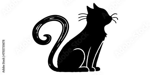 Silhouette of a black cat with a curled tail sitting upright and looking to the right side view art