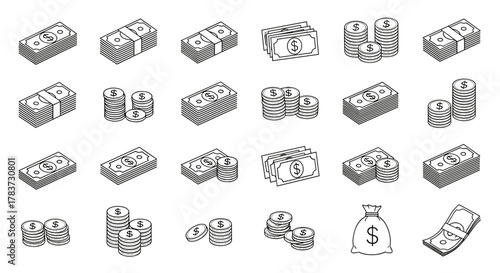 Collection of outline vector illustrations depicting various forms of cash and money, including stacks of banknotes, piles of coins, and a money bag, all with editable strokes, perfect for