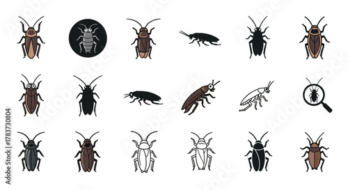 Collection of diverse cockroach icons, featuring various styles from realistic illustrations to minimalist silhouettes, including a magnifying glass symbol for pest control and identification