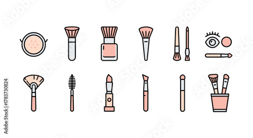 Collection of minimalist vector icons representing various cosmetic brushes and makeup tools, including powder brushes, eyeshadow applicators, lipsticks, mascara wands, and eye makeup elements, set