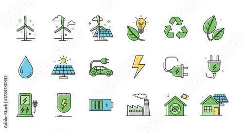 A vibrant collection of line icons representing green energy concepts, meticulously drawn with thin lines, perfect for integration into apps, websites, banners, infographics, and diverse design