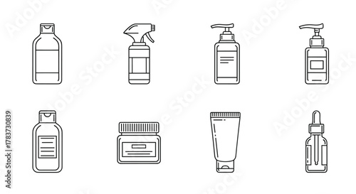 Collection of eight thin line icons representing cosmetic bottles and containers, including shampoo bottles, spray bottles, lotion dispensers, jars, and dropper bottles, perfect for web, apps, and