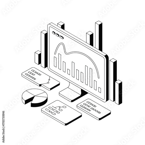 Isometric illustration of a computer screen displaying financial charts and graphs