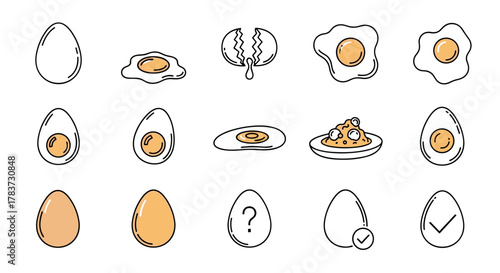Collection of various egg icons and illustrations, including whole eggs, cracked eggs, fried eggs, boiled eggs, and eggs with checkmarks or question marks, all rendered in a clean, thin-line cartoon