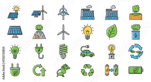 Vibrant collection of green energy signs and symbols for apps, websites, banners, and infographics, featuring solar panels, wind turbines, hydroelectric dams, light bulbs, electric cars, batteries