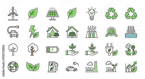 Collection of Green Energy Signs: Thin Line Vector Icons for Apps, Websites, Banners, Infographics, and Diverse Design Needs. Eco-friendly symbols including wind turbines, solar panels, electric