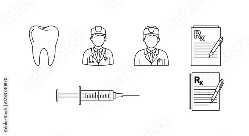 A clean, minimalist line art vector set featuring essential dental and medical icons, including a tooth, two doctors, a syringe, and prescription forms with pens, perfect for healthcare-related