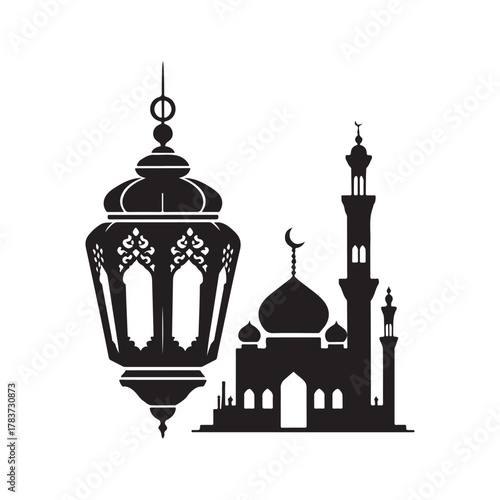 ramadan lantern and mosque skyline vector silhouette clip art logo design illustration. abstract lantern and mosque icon set collection