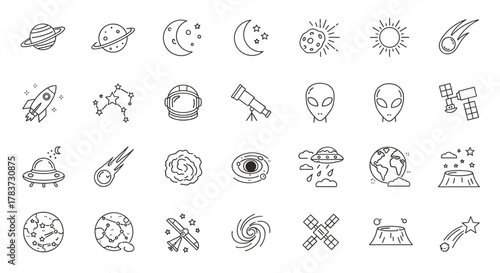 Cosmos Line Icon Pack: A comprehensive collection of celestial and space-themed outline icons, featuring planets, the sun, moon, rockets, astronauts, aliens, and more, perfect for graphic design, web
