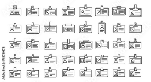 Collection of diverse employee ID badge outline icons, featuring editable strokes, perfect for infographics, articles, books, flyers, banners, and vector cartoon illustrations, representing