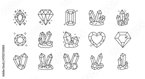 A diverse collection of line art icons featuring various diamonds and crystals, including faceted gems, heart-shaped stones, and clusters of raw minerals, perfect for digital and print design