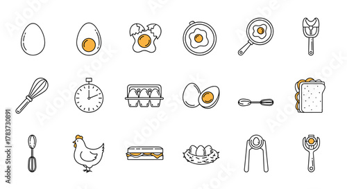 A vibrant and diverse collection of line icons related to eggs, perfect for infographics, articles, books, flyers, and banners, featuring editable strokes and a charming cartoon illustration style