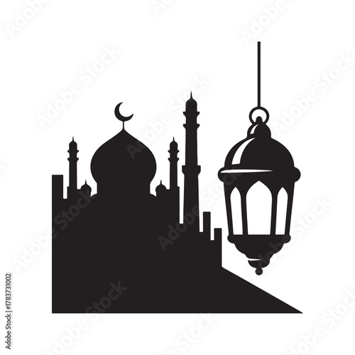 ramadan lantern and mosque skyline vector silhouette clip art logo design illustration. abstract lantern and mosque icon set collection