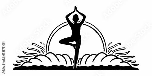 Silhouette of a woman in tree pose with hands in prayer position against an arch and wave design