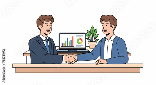 Successful Business Partnership Two Colleagues Shaking Hands Over a Laptop Displaying Growth Charts