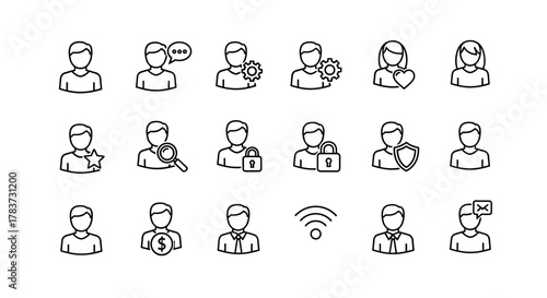 Modern outline style user avatar icons for design, cards, apps, and social networks. This ordered set features a variety of icons representing different user profiles and actions, including