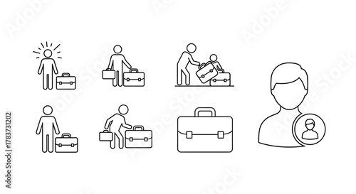 Minimalistic thin line icon set representing business and travel concepts, featuring figures with briefcases, a standalone briefcase, and a user profile icon, ideal for web, graphic design, apps