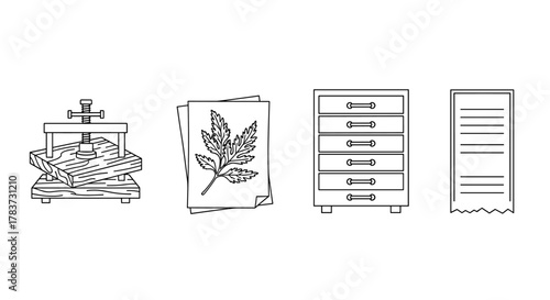 Outline icon set of botanical specimen preservation, featuring a plant press, dried herb sheet, herbarium cabinet, and label, representing ordered line icons for scientific and educational purposes