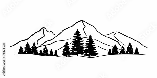 Silhouette of mountain range with pine trees in foreground in black and white drawing style