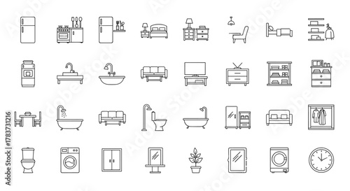 Vivid and descriptive line icon set for interior design, featuring editable stroke vectors for kitchen appliances, bedroom furniture, living room essentials, storage systems, bathroom fixtures, and