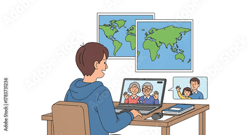 Student learning about world geography through video call