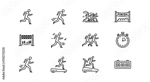 Running Icon Set: A Collection of Dynamic Vector Illustrations Depicting Runners, Races, Finish Lines, Treadmills, and Timers, Perfect for Sports and Fitness Graphics. This Versatile Set Captures the