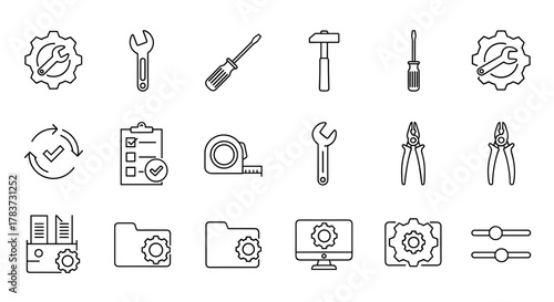 A comprehensive collection of thin outline line icons representing settings, setup, operation, gears, processing, and various tools, presented as a vector illustration in EPS10 format, ideal for UI
