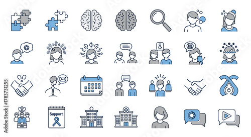 Autism and Disorder Line Icons Collection: A comprehensive set of vector illustrations in flat design, featuring thin outline icons for UI and general use, representing concepts like puzzles, brains