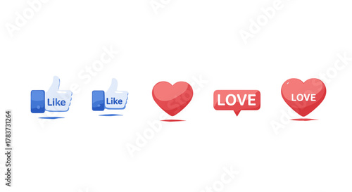 Collection of five 3D social media icons including two 'Like' thumbs-up symbols and three 'Love' hearts, presented in a clean, ordered line against a stark white background, perfect for digital