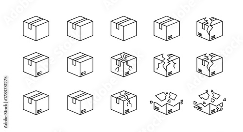 Set of minimalistic thin outline icons representing shipping boxes in various states: intact, cracked, and broken, suitable for web, graphic design, apps, banners, social networks, and cards. Vector