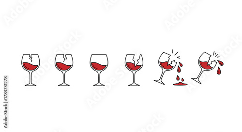 Set of six minimalistic line icons depicting a wine glass with red wine, showing stages of cracking and spilling, from a small crack to a shattered glass with liquid dripping, perfect for web design