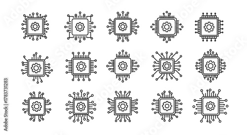 Abstract black line art icon set representing microchips with gears inside and circuit connections, symbolizing technology, engineering, and processing power. Clean, ordered vector graphics on a