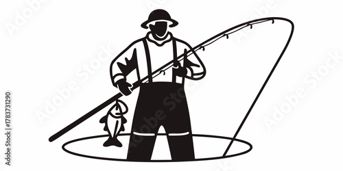 Illustration of a fisherman with a hat standing in a hole holding a fishing rod and a fish he caught