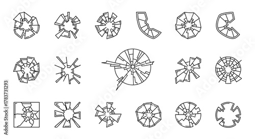 Collection of modern outline style icons representing various types of broken glass, perfect for design elements on cards, apps, and social networks. This ordered set of vector cartoon illustrations