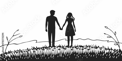 Silhouette of a couple holding hands standing in a field with mountains in the background scenery art