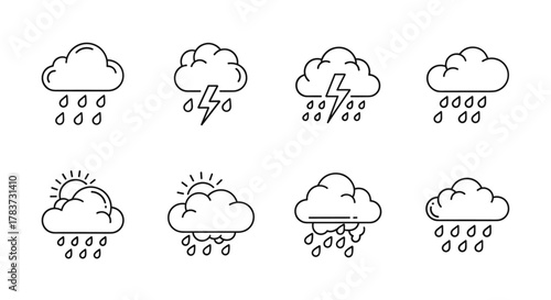 Set of outline weather icons featuring rain, thunderstorms, and sun behind clouds, presented as linear symbols for graphic and web design, apps, adverts, and various cards, in a clean vector cartoon