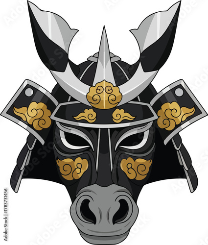 Ox or Cow Head with Traditional Japanese Samurai Helmet and Mask - Vector Mascot
