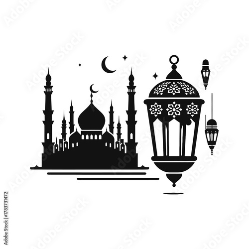 ramadan lantern and mosque skyline vector silhouette clip art logo design illustration. abstract lantern and mosque icon set collection