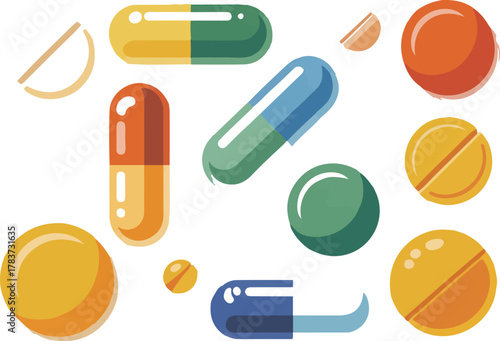 Colorful Assortment Of Medical Pills And Capsules Vector Set
