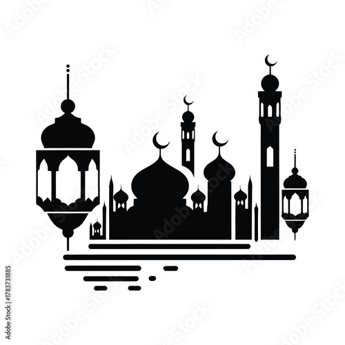 ramadan lantern and mosque skyline vector silhouette clip art logo design illustration. abstract lantern and mosque icon set collection