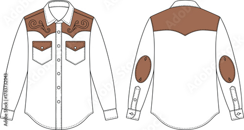 Western style shirt illustration, fashion garment sketch, technical flat drawing, embroidered yoke detail, button front design, apparel construction, cowboy clothing artworkWestern style shirt in 