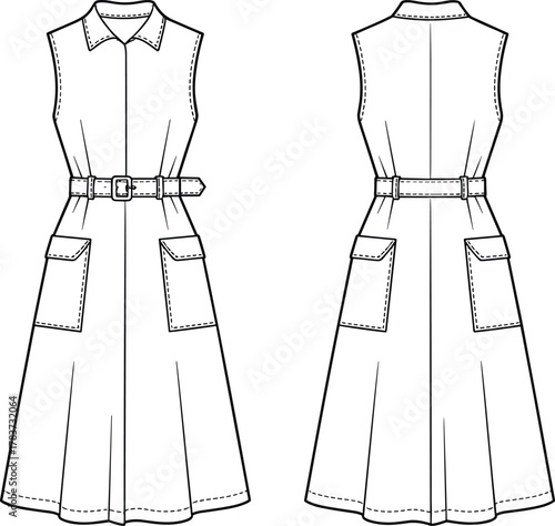 Sleeveless collared dress fashion flat, belted waist garment illustration, patch pockets technical drawing, front and back view apparel design