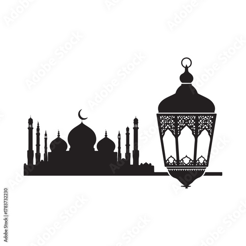 ramadan lantern and mosque skyline vector silhouette clip art logo design illustration. abstract lantern and mosque icon set collection