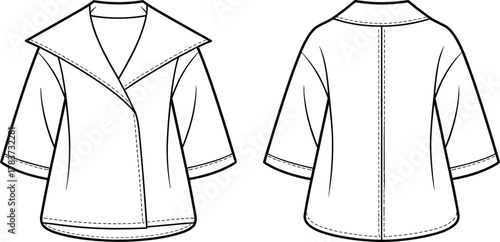 Women’s jacket fashion illustration, technical garment flat, wide notched collar, asymmetrical opening, three quarter sleeve, sewing pattern, apparel construction detail