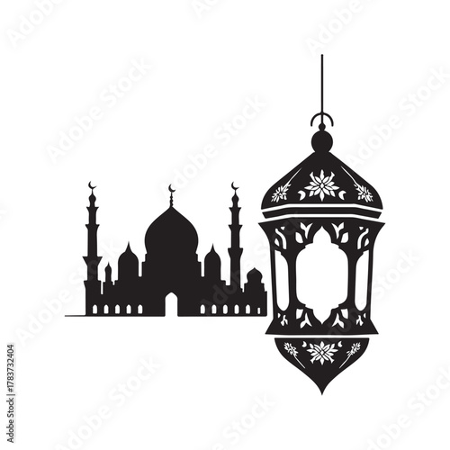 ramadan lantern and mosque skyline vector silhouette clip art logo design illustration. abstract lantern and mosque icon set collection
