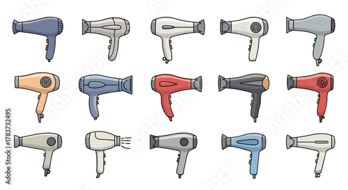 Collection of fifteen colorful cartoon hair dryers isolated on a clean white background, presented in a neat grid. This vector illustration features a variety of dryer designs and hues, perfect for
