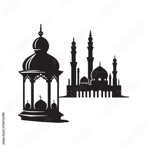 ramadan lantern and mosque skyline vector silhouette clip art logo design illustration. abstract lantern and mosque icon set collection
