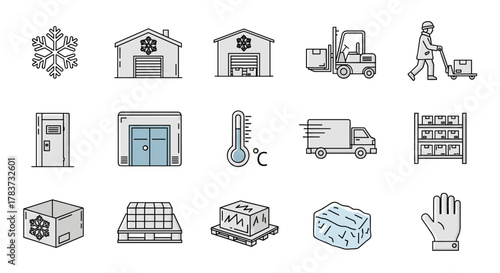 Set of freezer warehouse related line icons, including a snowflake, cold storage buildings, a forklift, a worker with a pallet jack, a thermometer, a delivery truck, shelving units, a freezer door, a