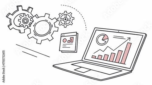 Streamlined business operations with data analysis shown on laptop screen, gears turning showing efficiency, enhance your company's performance and productivity