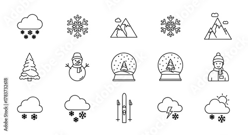 Collection of winter-themed line icons, including snowflakes, clouds with snow, mountains, a Christmas tree, a snowman, snow globes with trees, a person in winter clothing, skis, and weather icons